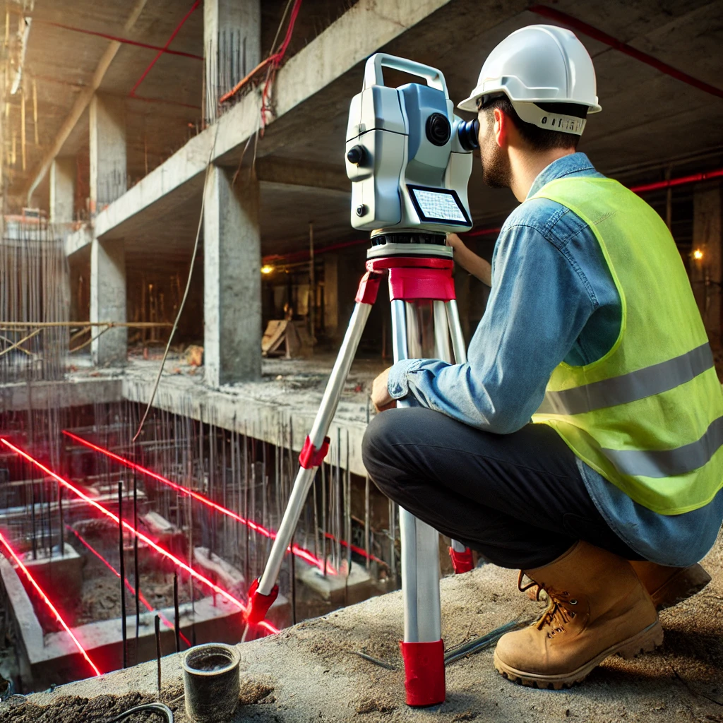 Rzeczoznawca na budowie dokumentuje instalacje podziemne i ukryte elementy przy użyciu skanera laserowego 3D.