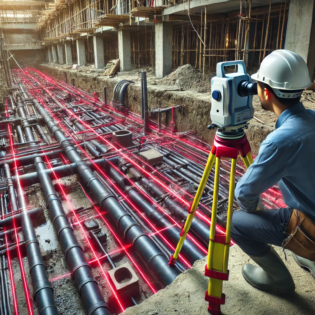 Specjalista budowlany używający skanera laserowego 3D do dokumentacji podziemnych instalacji i konstrukcji na placu budowy.