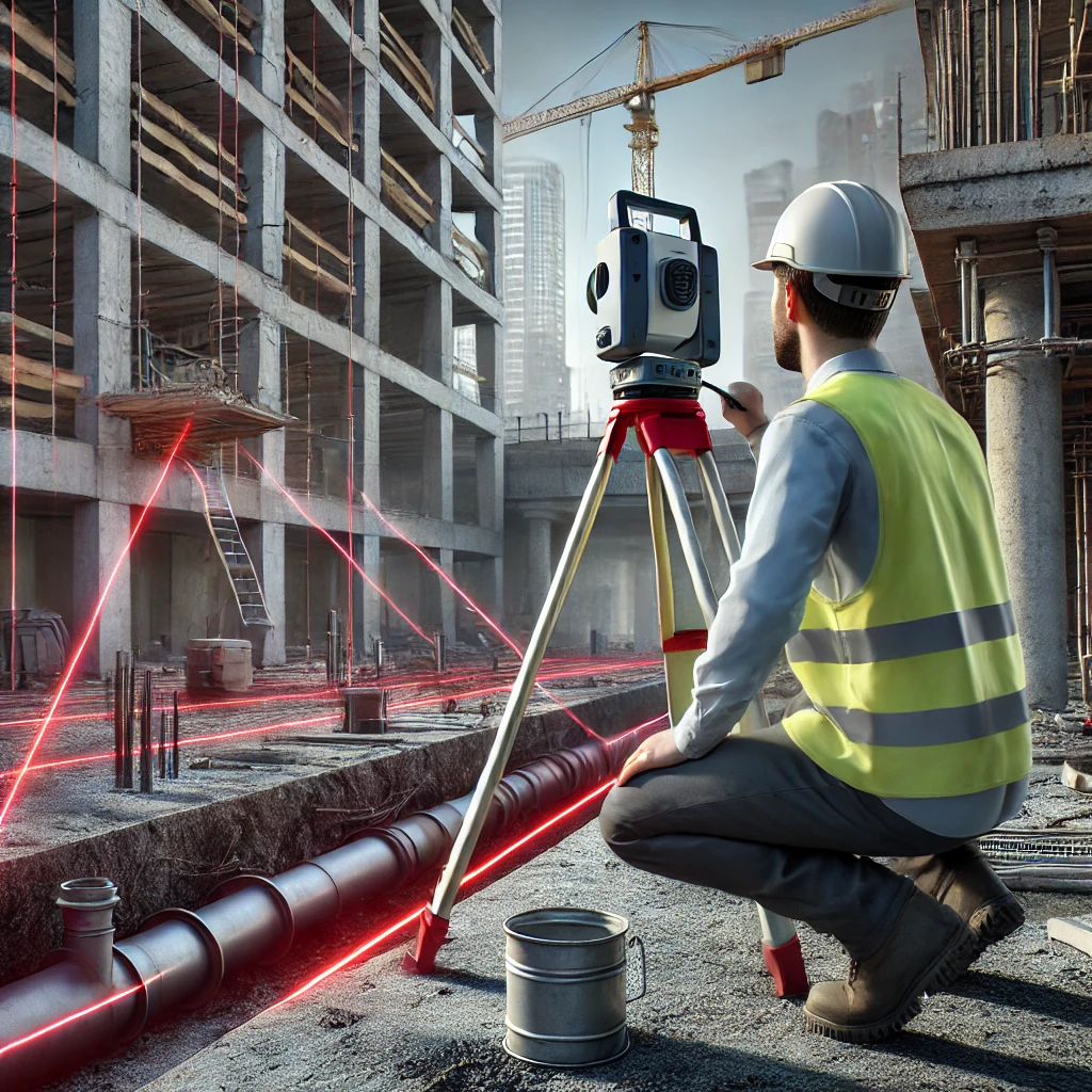 Rzeczoznawca na placu budowy używa skanera laserowego 3D do dokumentacji instalacji podziemnych i ukrytych elementów.