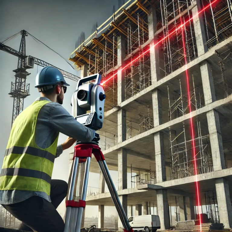 Specjalista budowlany obsługujący skaner laserowy 3D na placu budowy, dokumentujący postęp prac przy użyciu technologii laserowej.